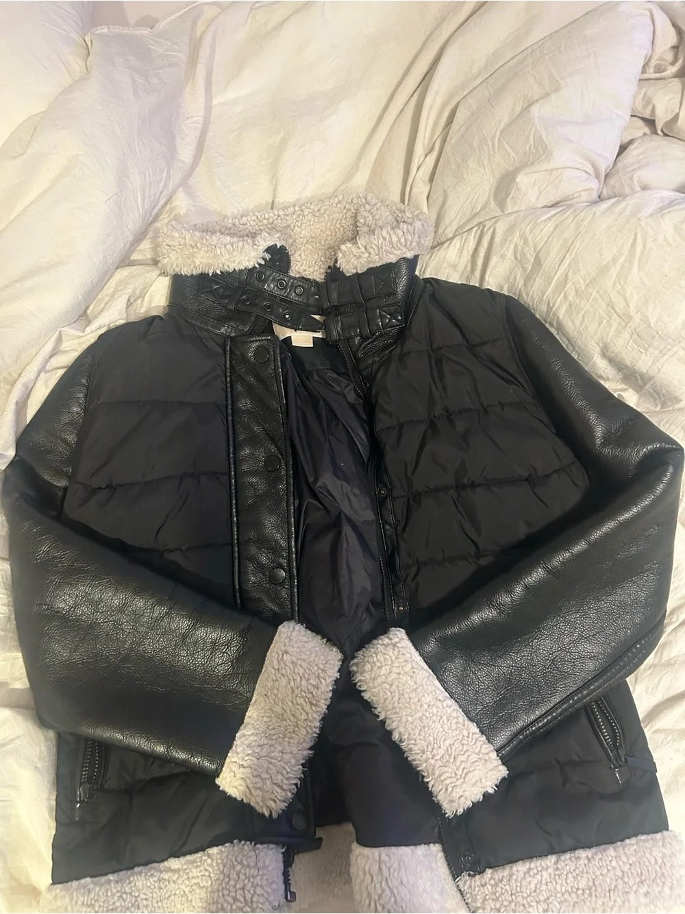 Michael Kors Black Mixed-Material Puffer Jacket with Cream Sherpa Trim